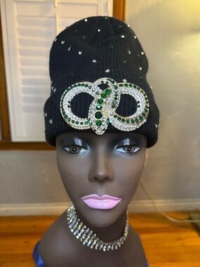 Embellished Black Beanie with Green Crystal Brooch